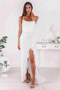 Slit Mermaid Strapless Spaghetti Straps Prom Dress with Lace Applique