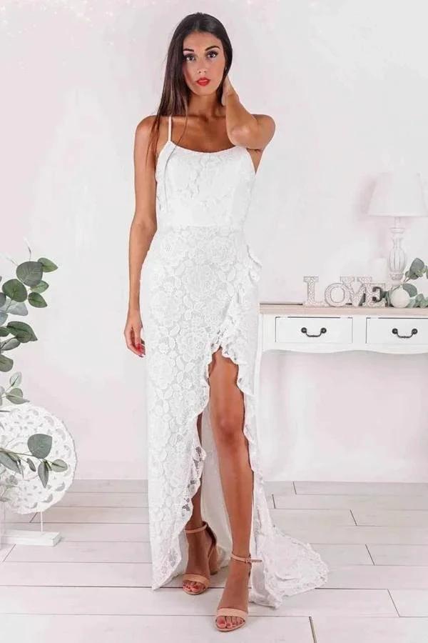 Slit Mermaid Strapless Spaghetti Straps Prom Dress with Lace Applique