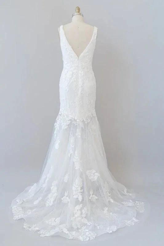 Deep V-neck Appliques Tulle Mermaid Elegant Wedding Dresses