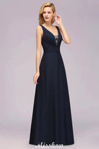 Deep V-Neck Beading A-line Bridesmaid Dress Floor Length Maid of Honor Dress