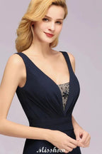 Deep V-Neck Beading A-line Bridesmaid Dress Floor Length Maid of Honor Dress