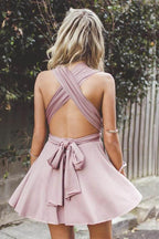 Deep V-Neck Criss-Cross Straps Short Blush Satin Homecoming Dress PG198