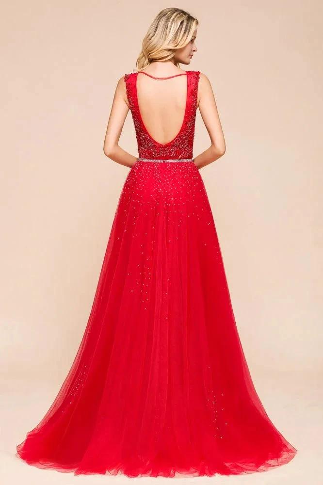 Deep V-Neck Sleeveless Lace Appliques Evening Maxi Dress A-line Chiffon Prom Dress