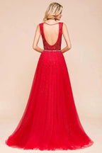 Deep V-Neck Sleeveless Lace Appliques Evening Maxi Dress A-line Chiffon Prom Dress