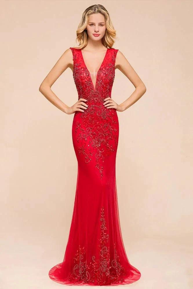 Deep V-Neck Sleeveless Lace Appliques Evening Maxi Dress A-line Chiffon Prom Dress