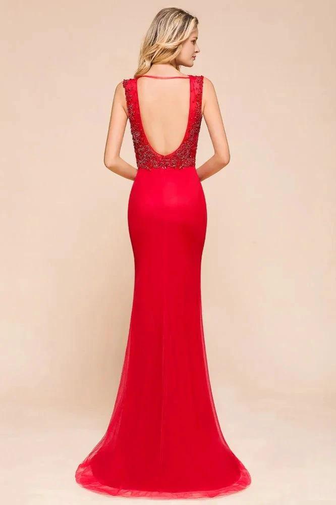 Deep V-Neck Sleeveless Lace Appliques Evening Maxi Dress A-line Chiffon Prom Dress