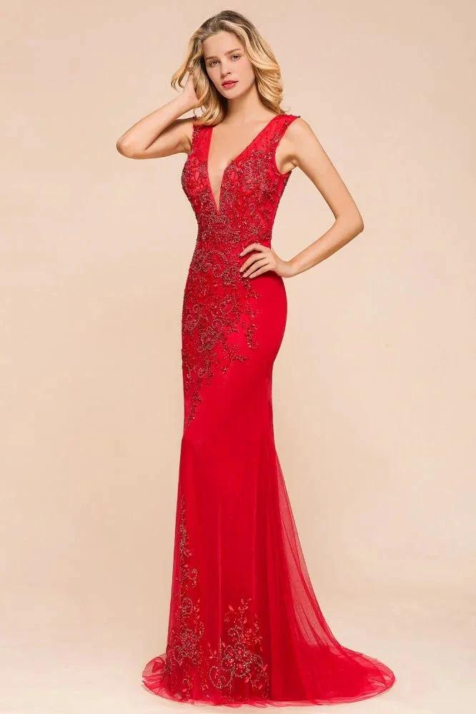 Deep V-Neck Sleeveless Lace Appliques Evening Maxi Dress A-line Chiffon Prom Dress