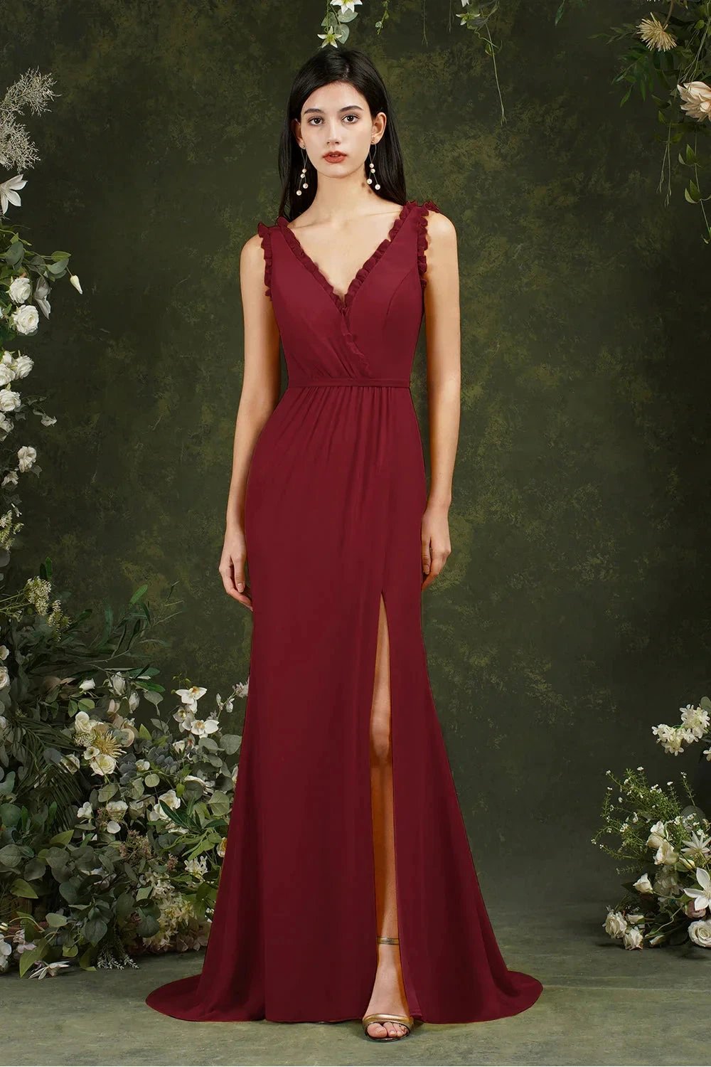 Deep V neck Sleeveless Split Front Floor-Length Prom dress