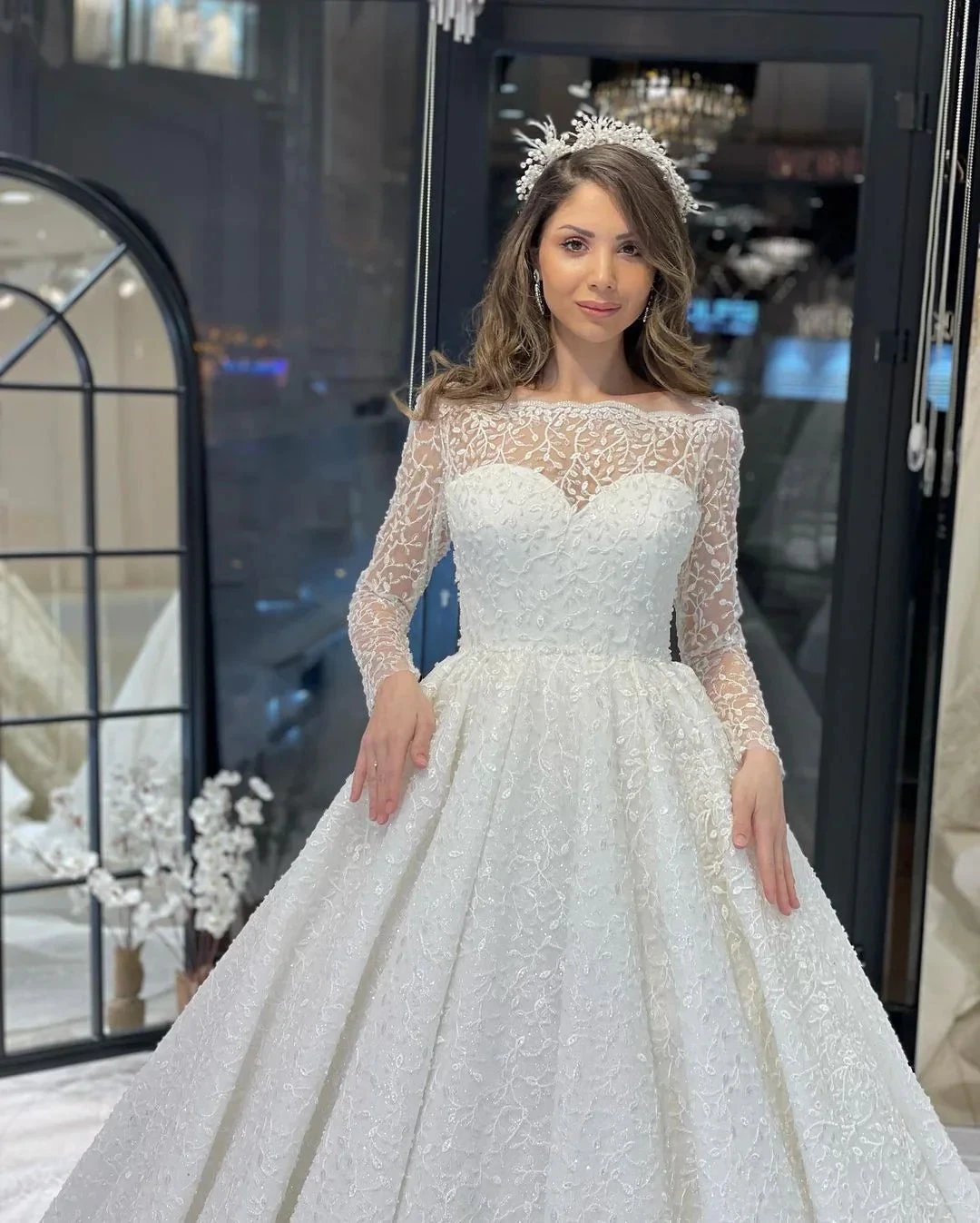 Deluxe Floor Length Long Sleeves A-Line Lace Wedding Dress with Ruffles