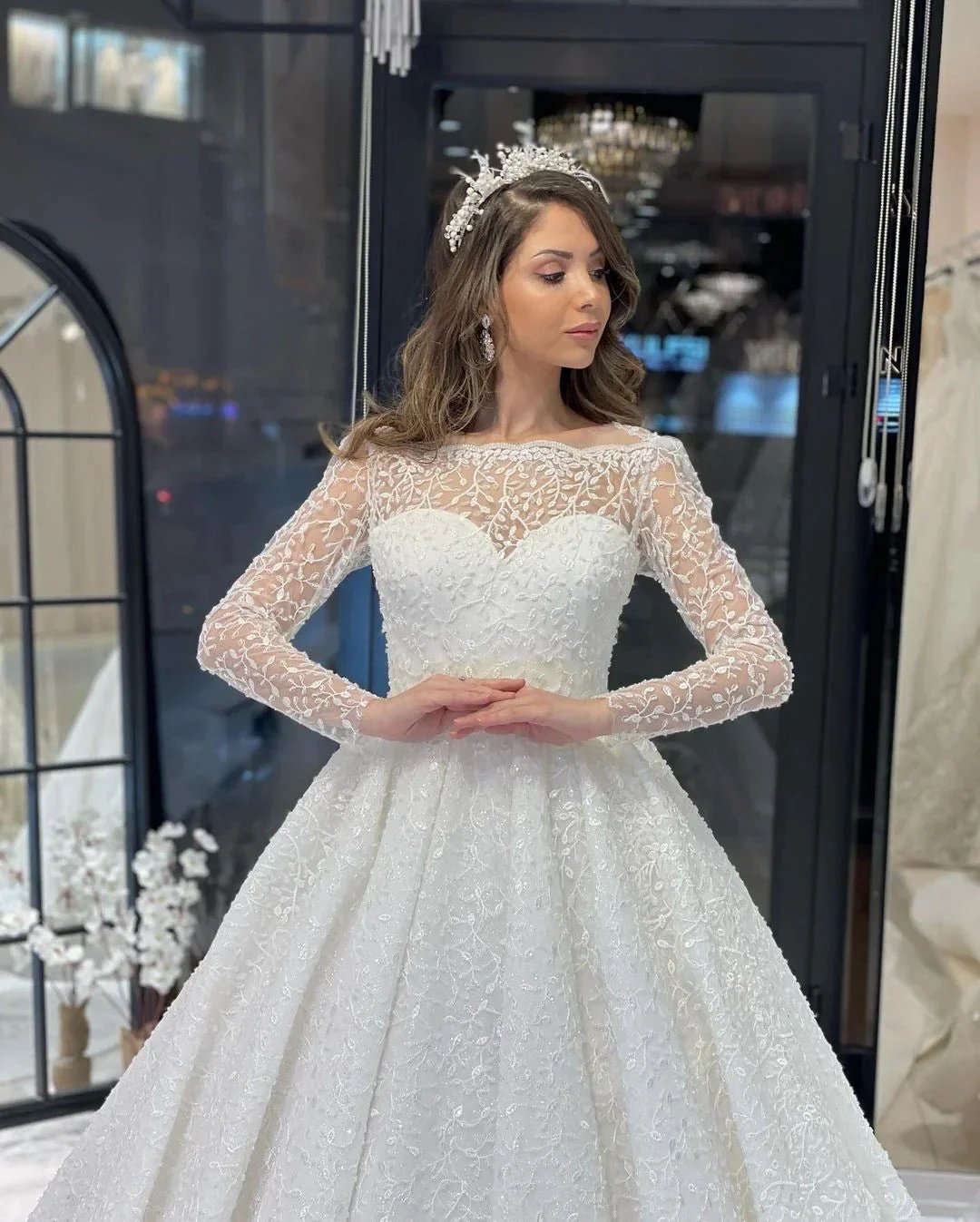Deluxe Floor Length Long Sleeves A-Line Lace Wedding Dress with Ruffles
