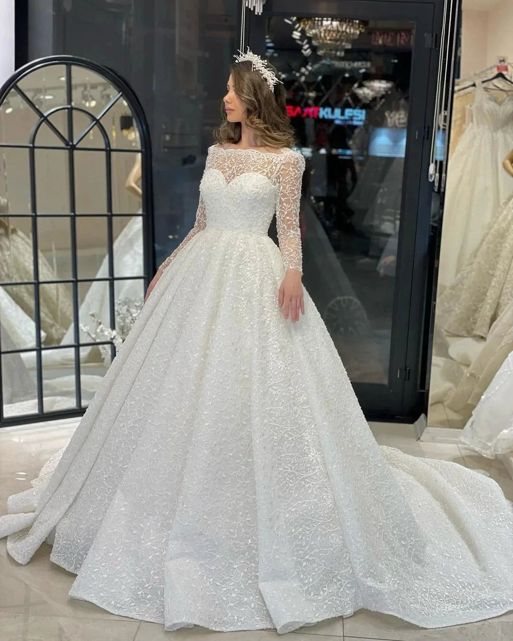Deluxe Floor Length Long Sleeves A-Line Lace Wedding Dress with Ruffles