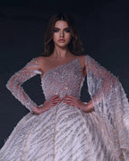 Deluxe Floor Length One-Shoulder A-Line Sequined Wedding Dress with Ruffles