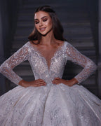 Deluxe Floor Length Sweetheart Long Sleeves A-Line Sequined Wedding Dress with Ruffles