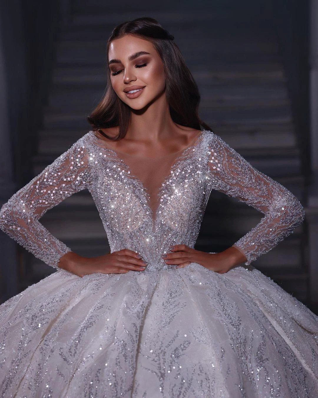 Deluxe Floor Length Sweetheart Long Sleeves A-Line Sequined Wedding Dress with Ruffles