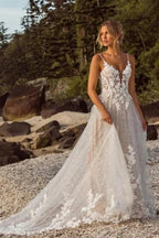 Designer A-Line Lace Spaghetti Straps Sleeveless White Wedding Dress With Appliques