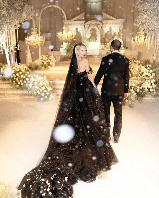 Designer Black A-Line Off-the-shoulder Glitter Wedding Dresses With Lace