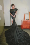 Designer jewel sleeveless mermaid satin split Wedding dresses with lace