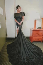 Designer jewel sleeveless mermaid satin split Wedding dresses with lace