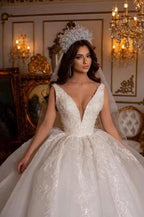 Designer Long A-line V-Neck Sleeveless Appliques Wedding Dress With Lace