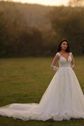 Designer Long A-line V-neck White Lace Wedding Dresses with Long Sleeves
