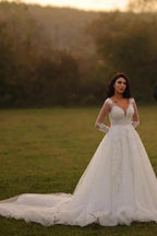 Designer Long A-line V-neck White Lace Wedding Dresses with Long Sleeves