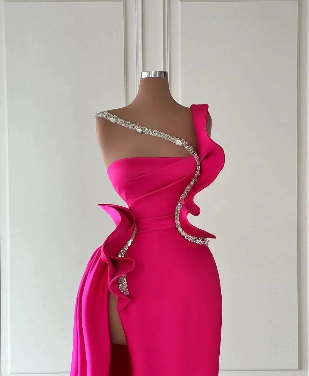Designer Long Glitter Sleeveless Split Front Prom Dress With Ruffles