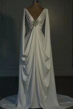 Designer Long Ivory A-line V-neck Satin Wedding Dress with Long Sleeves