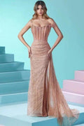 Designer Long Mermaid Spaghetti Strap Beading Sequined Prom Dress With Slit