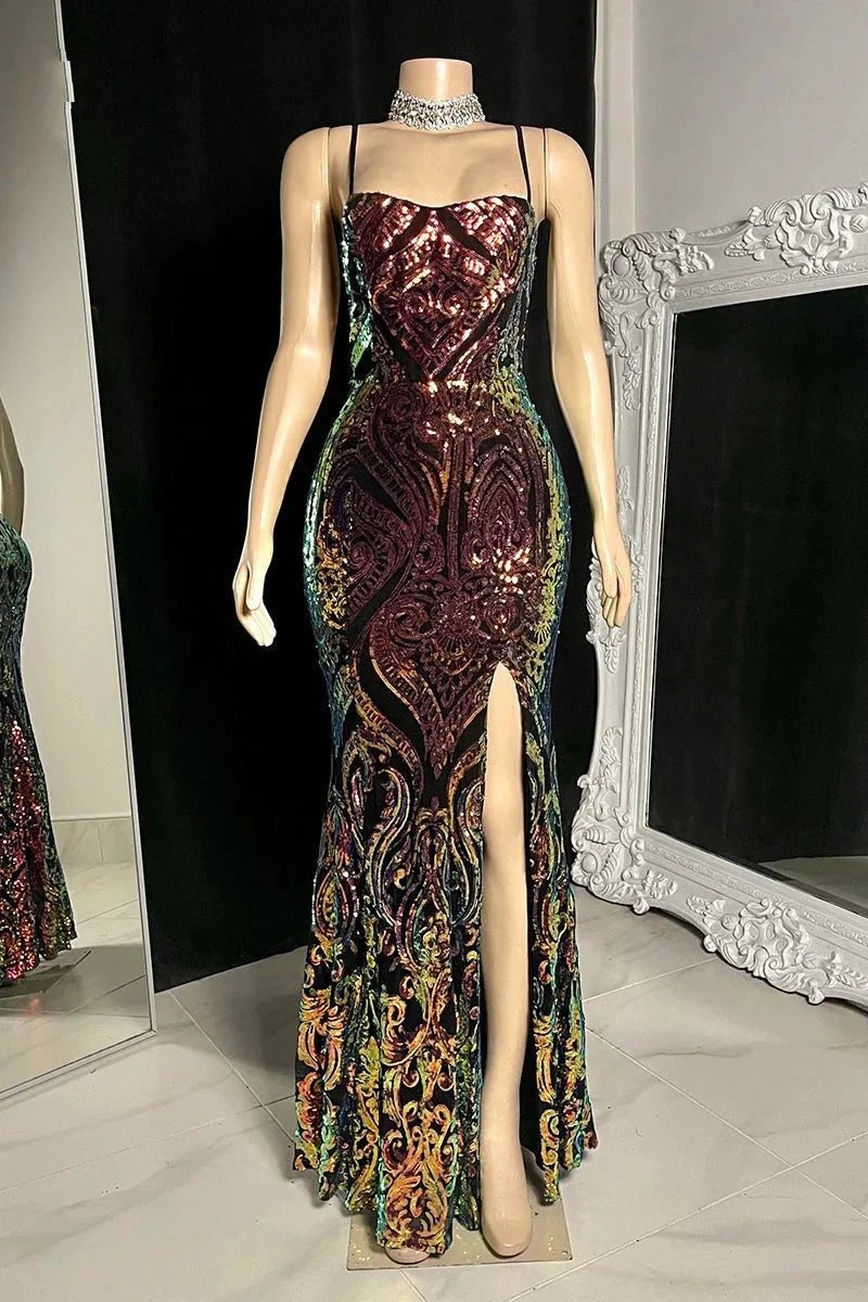 Designer Long Mermaid Spaghetti Straps Split Front Prom Dress