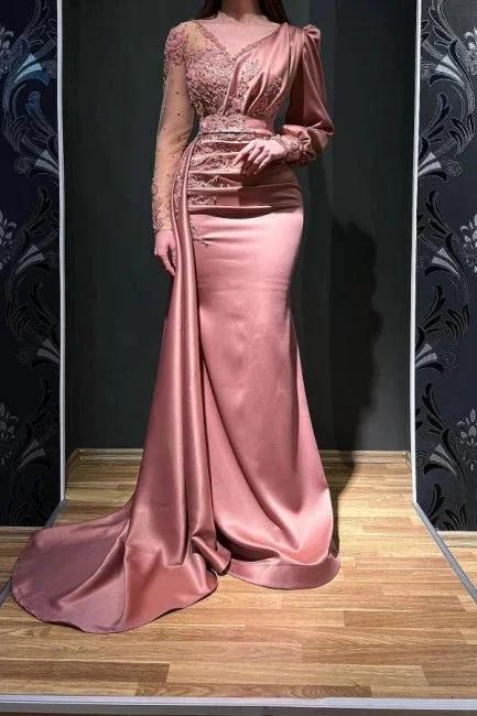 Designer Long Pink Beading Lace Evening Dress With Long Sleeves