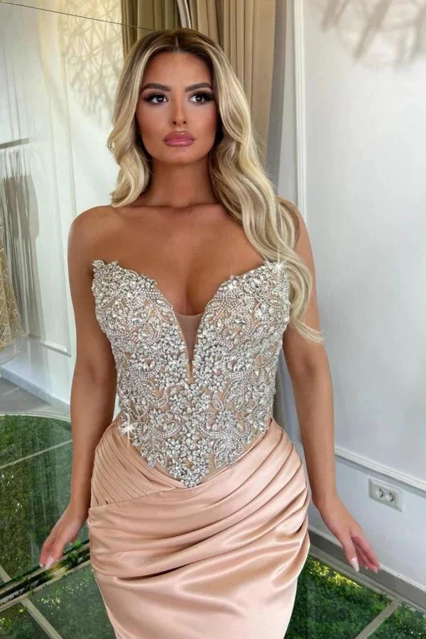 Designer Long Pink Mermaid V-neck Strapless Lace Satin Prom Dress with Rhinestones
