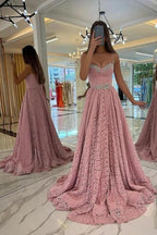 Designer Long Pink Spaghetti Straps Evening Dresses With Lace