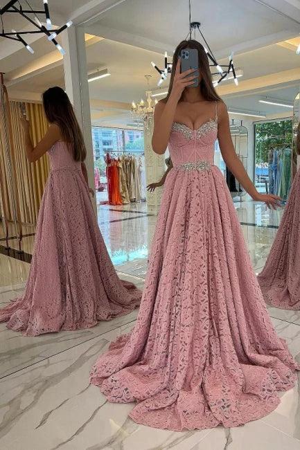Designer Long Pink Spaghetti Straps Evening Dresses With Lace