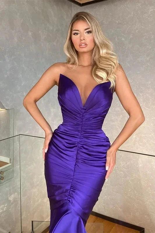 Designer Long Purple V-neck Sleeveless Mermaid Prom Dress