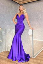 Designer Long Purple V-neck Sleeveless Mermaid Prom Dress