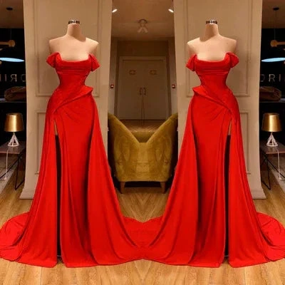 Designer Long Red A-line Sleeveless Satin Sexy Prom Dress With Slit