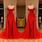 Designer Long Red A-line Sleeveless Satin Sexy Prom Dress With Slit