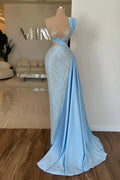 Designer Long Sky Blue One Shoulder Sequined Prom Dress With Lace