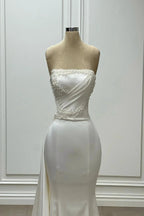 Designer Mermaid Satin Strapless Sleeveless Ivory Wedding Dress With Beading