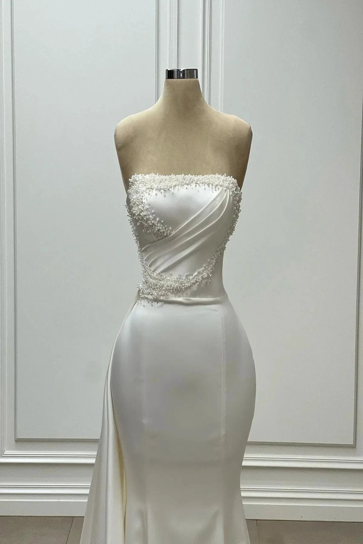 Designer Mermaid Satin Strapless Sleeveless Ivory Wedding Dress With Beading