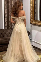 Designer Off-the-shoulder A-line Long Evening Dresses With Lace