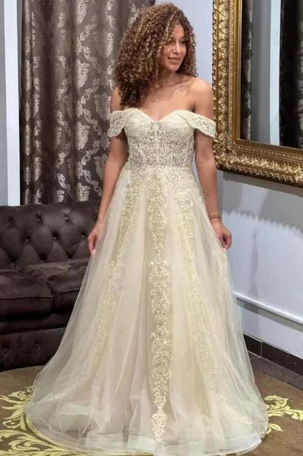Designer Off-the-shoulder A-line Long Evening Dresses With Lace