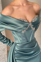 Designer Off-the-shoulder Long Sleeves Glitter Mermaid Prom Dress With Glitter