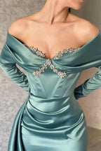 Designer Off-the-shoulder Long Sleeves Glitter Mermaid Prom Dress With Glitter
