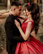 Designer Red A-Line Sleeveless Wedding Dresses With Lace