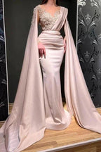 Designer Red Long Mermiad V-neck Lace Evening Dresses With Sleeves