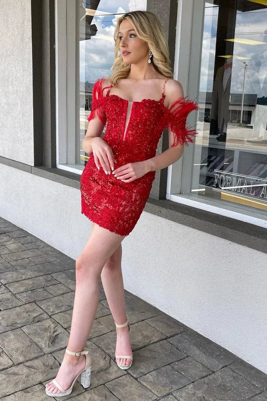Designer Red Off-the-shoulder Beading Feather Homecoming Dress