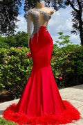 Designer Ruby Tassel Asymmetrical One Shoulder Satin Mermaid Prom Dress with Ruffles