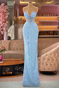 Designer Sky Blue V-neck Sleeveless Mermaid Prom Dress With Lace
