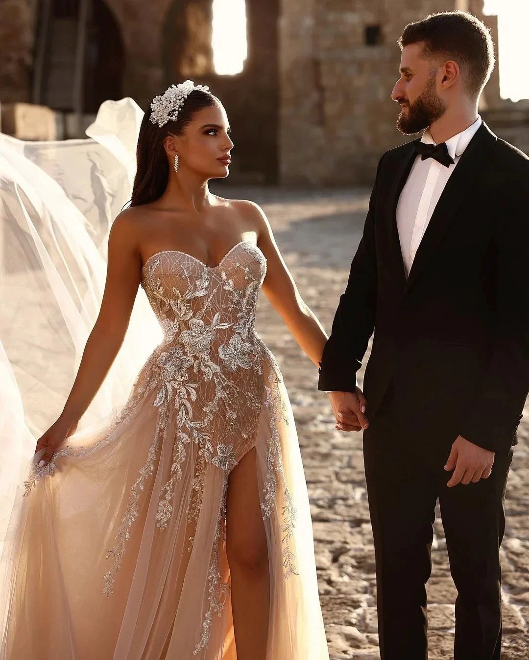 Designer Sweetheart Long A-line Glitter Lace Wedding Dress With Slit
